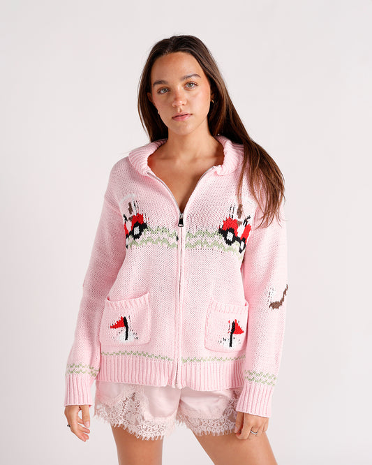 pink zip up golf themed cardigan sweater