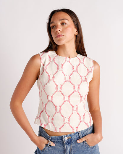 rope and horseshoe print sleeveless open back detail top
