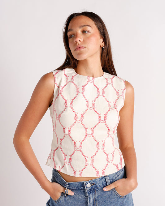 rope and horseshoe print sleeveless open back detail top