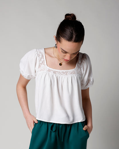 white puff sleeve blouse with lace details