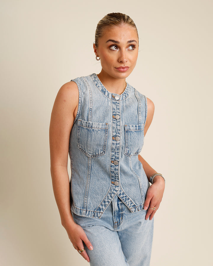 light washed denim button up vest 