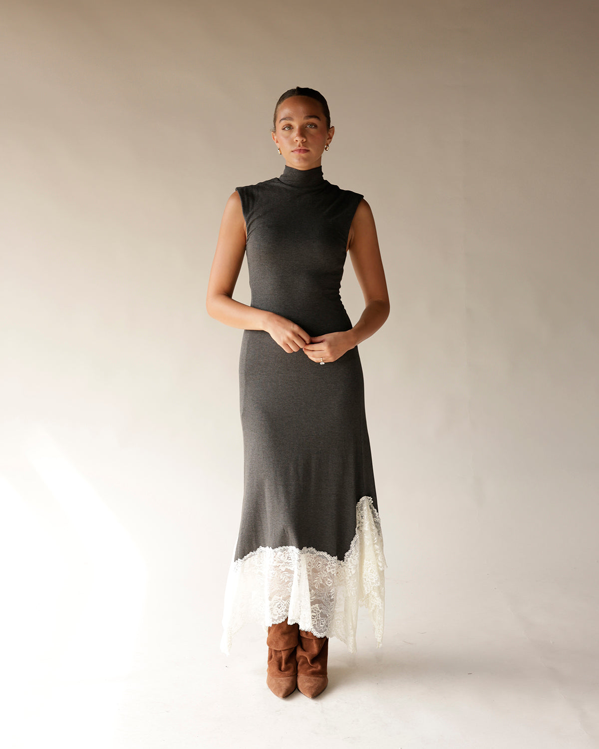 GOODMAN LACE HEM GRAY MAXI DRESS
