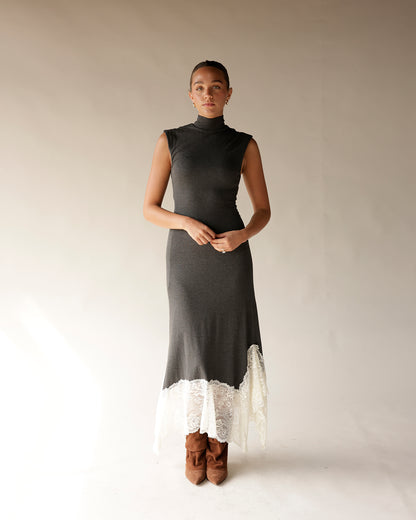 GOODMAN LACE HEM GRAY MAXI DRESS