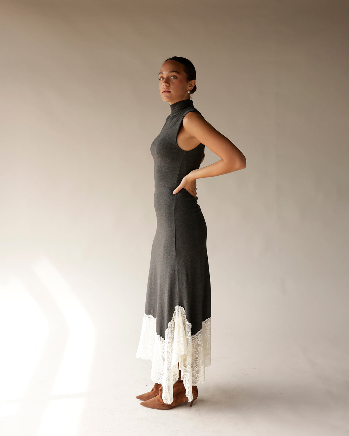 GOODMAN LACE HEM GRAY MAXI DRESS