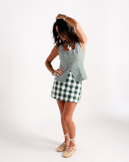 Green and white large gingham check mini skirt with clean straight hem