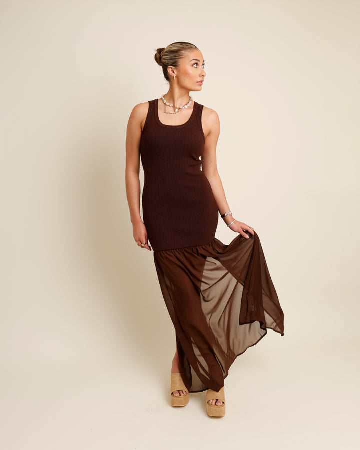 brown midi sheer dress