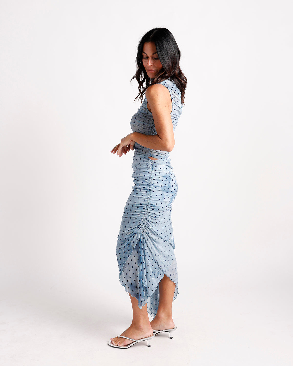 Light blue polka dot ruched mesh crop top with sleeveless design