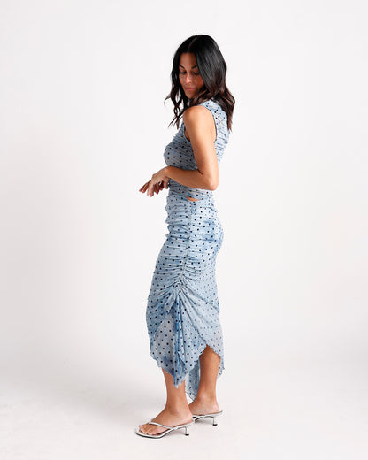 Light blue polka dot ruched mesh crop top with sleeveless design