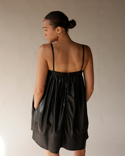 BOW LOVE FAUX LEATHER BLACK MINI DRESS