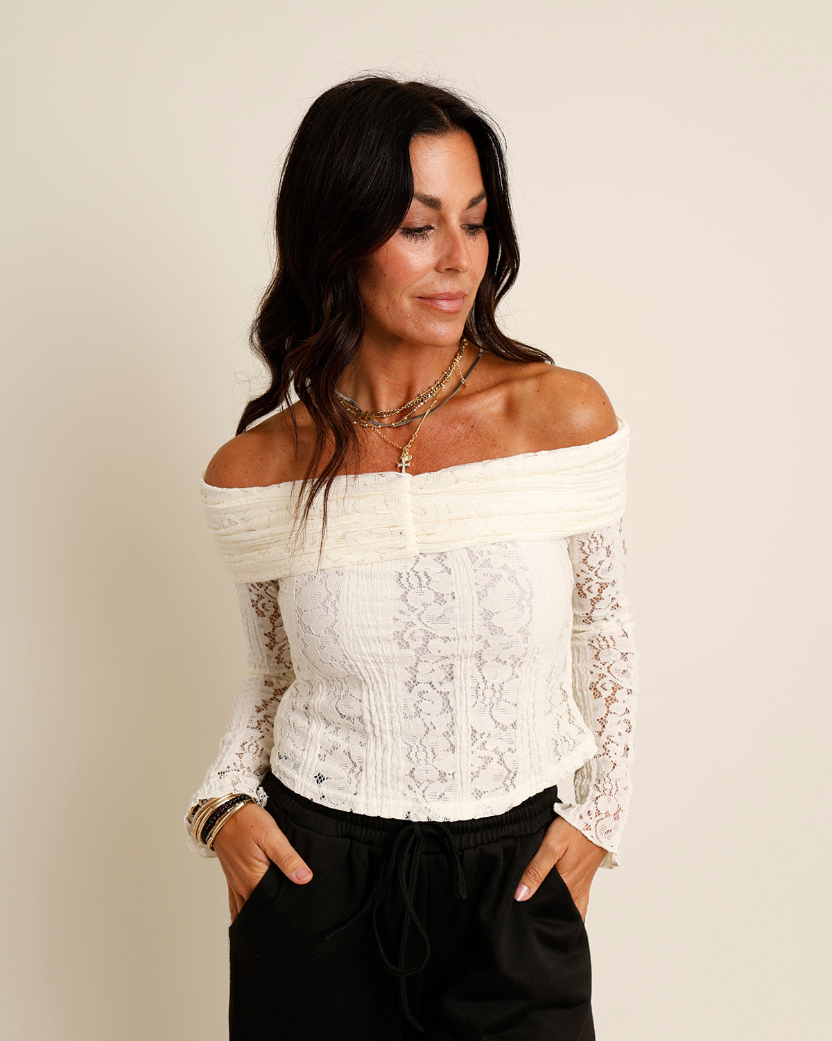 white long sleeve lace top 