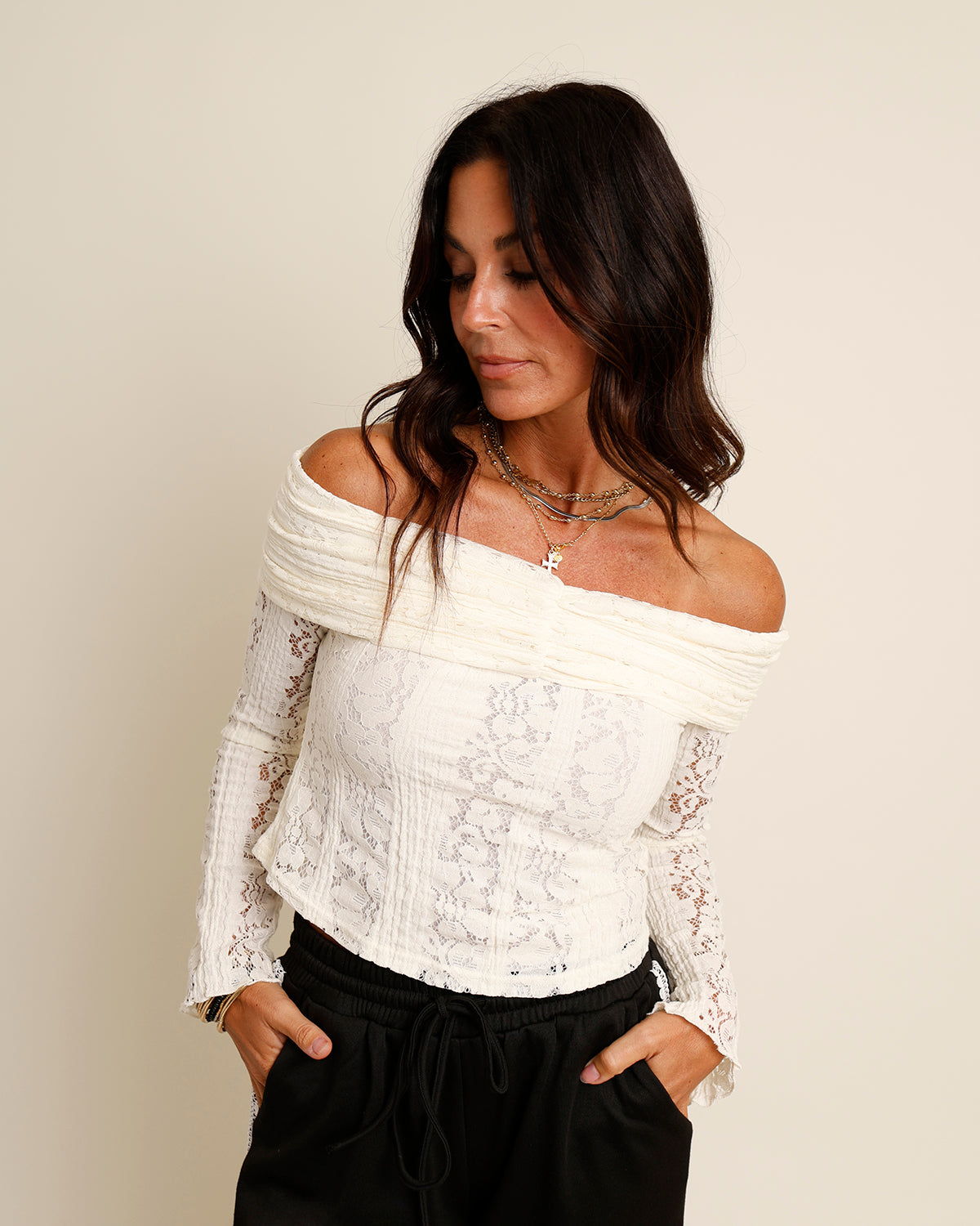 (L)OTS OF COMPLIMENTS LACE OFF-THE-SHOULDER TOP