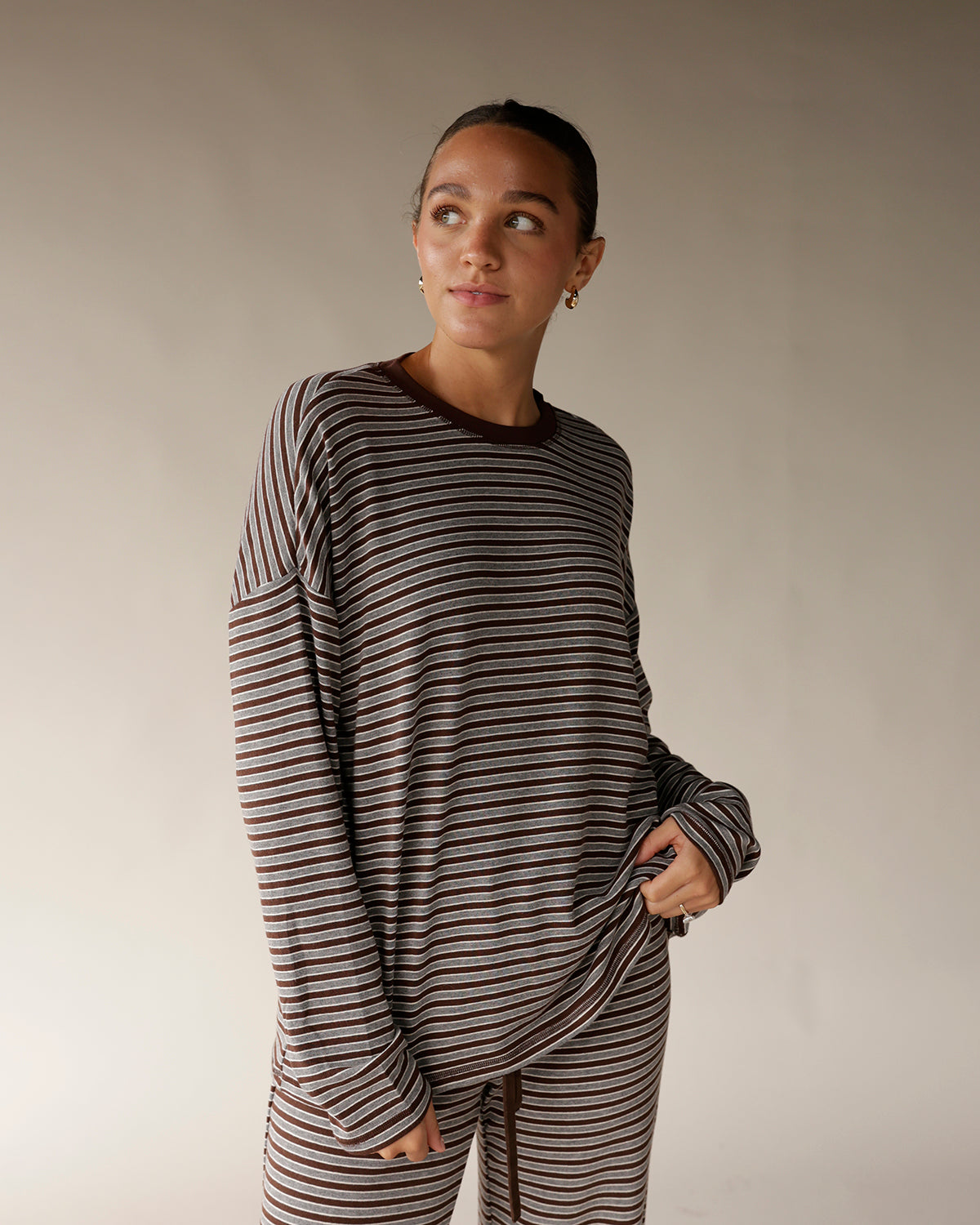 COUCH CLUB STRIPED LONG SLEEVE TOP X BROWN
