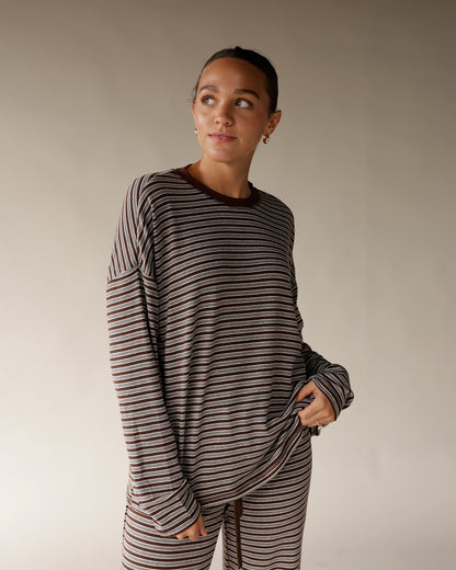 COUCH CLUB STRIPED LONG SLEEVE TOP X BROWN