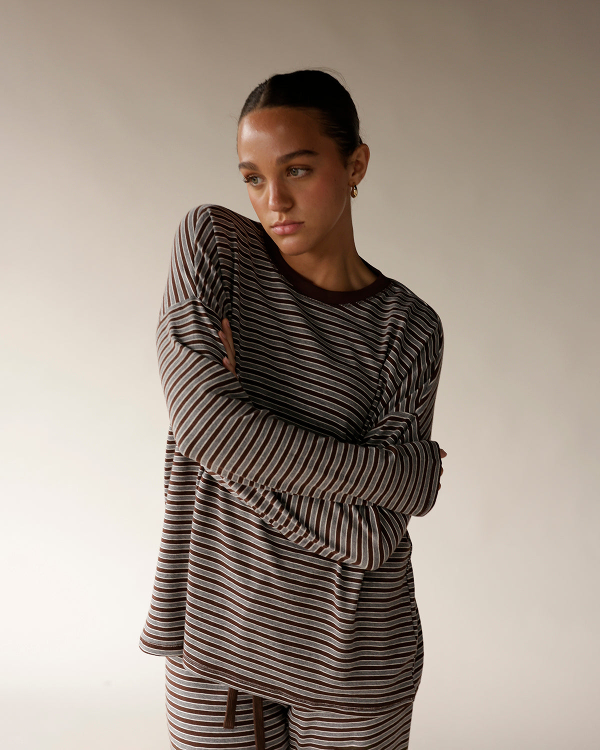 COUCH CLUB STRIPED LONG SLEEVE TOP X BROWN