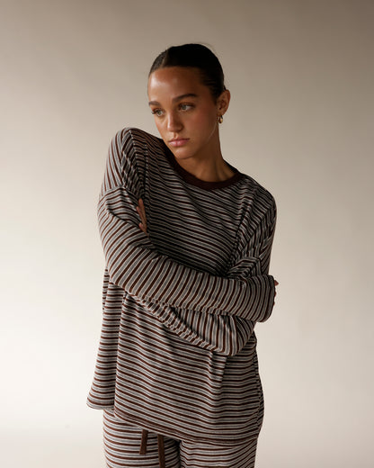 COUCH CLUB STRIPED LONG SLEEVE TOP X BROWN