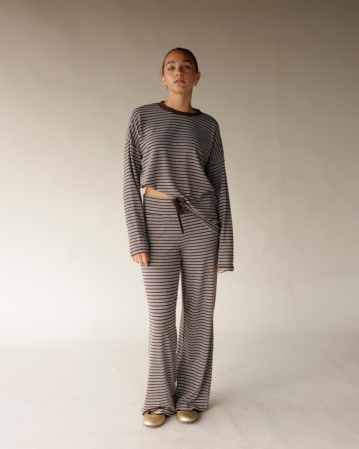 COUCH CLUB STRIPED LONG SLEEVE TOP X BROWN