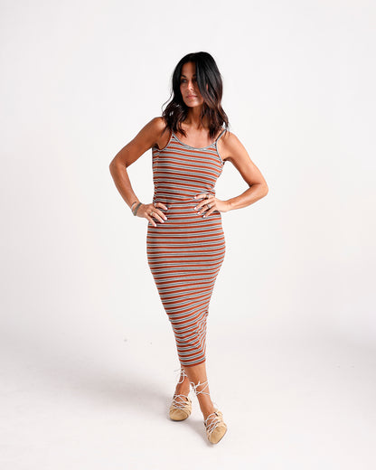 Rust striped sleeveless midi bodycon dress with lace-up flat sandals