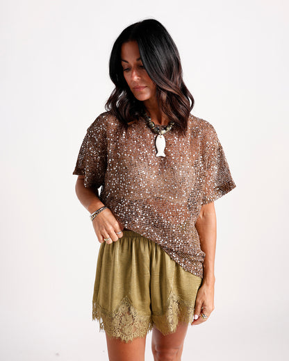 Loose bronze sequin knit short-sleeve top with open mesh texture