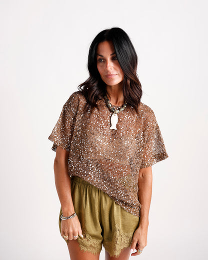 Oversized bronze sequin mesh short-sleeve top with relaxed fit and open knit texture