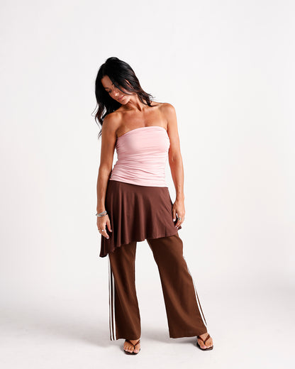 Brown satin midi dress with side stripe detail and flared hem