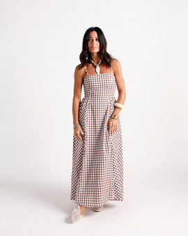 Brown and white gingham maxi dress with spaghetti straps and fitted bodice
