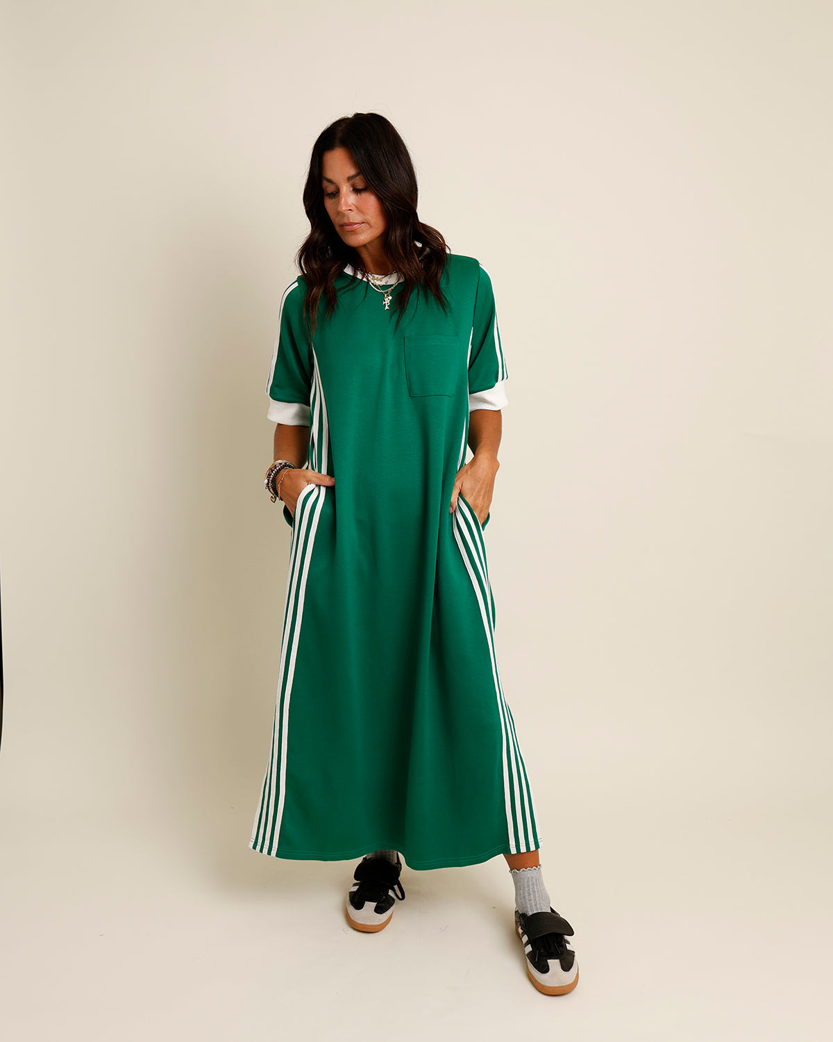 Green midi jersey track dress 