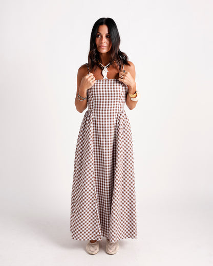 Brown and white gingham check maxi dress with fitted bodice and full skirt