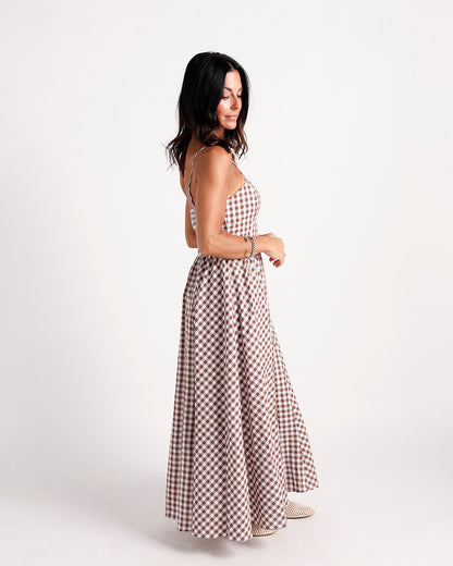 Brown and white gingham maxi dress with spaghetti straps and full skirt