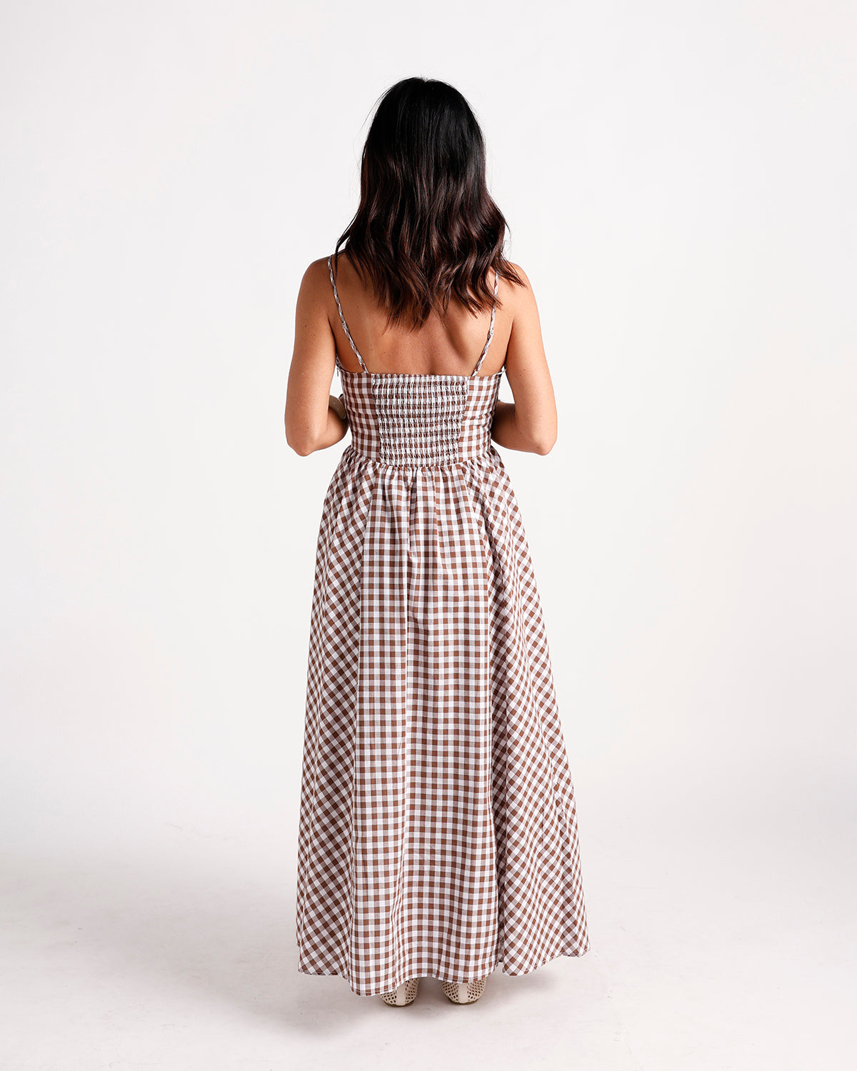 Brown and white gingham maxi dress with smocked back and spaghetti straps