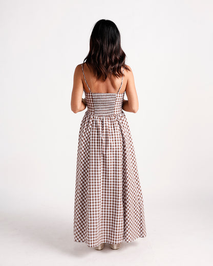 Brown and white gingham maxi dress with smocked back and spaghetti straps