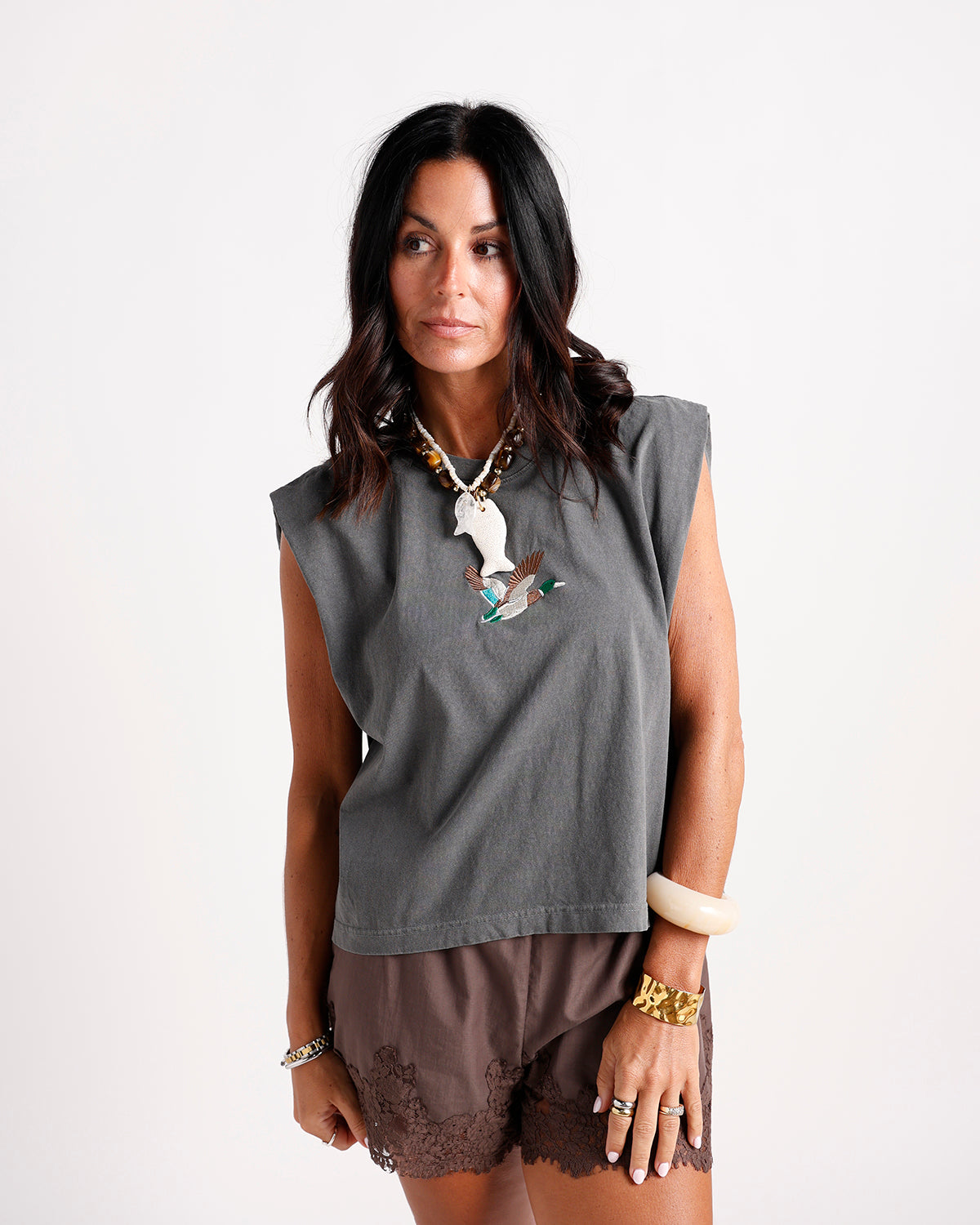 Charcoal gray sleeveless muscle tee with embroidered flying mallard duck graphic