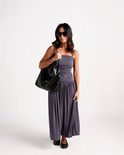 Ruched gray maxi dress with square neckline and gathered skirt, worn with flats