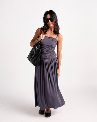 Ruched gray maxi dress with spaghetti straps and flowy gathered skirt