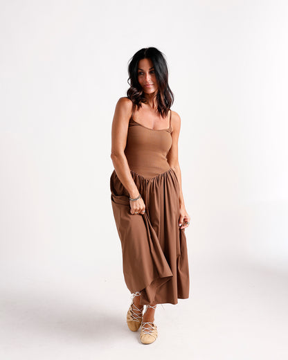 Brown drop waist midi dress with fitted ribbed bodice and flowy skirt