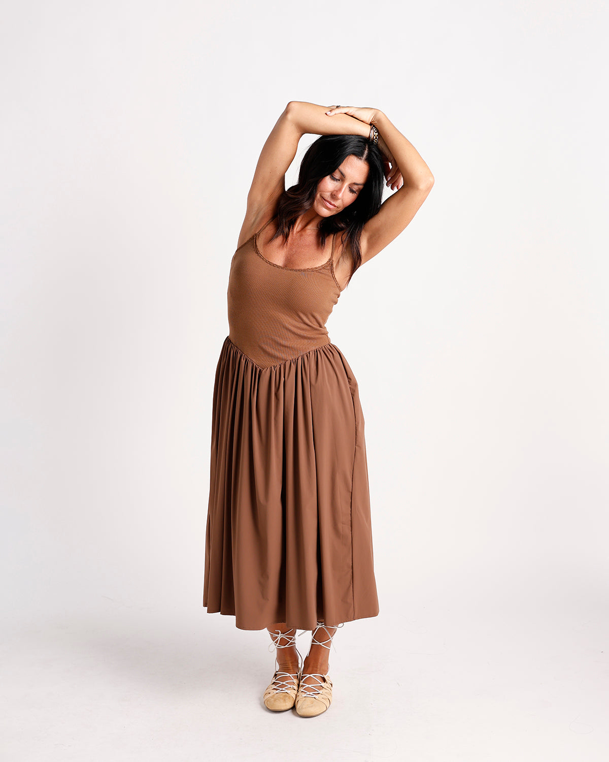 Brown drop waist midi dress with gathered skirt and spaghetti straps