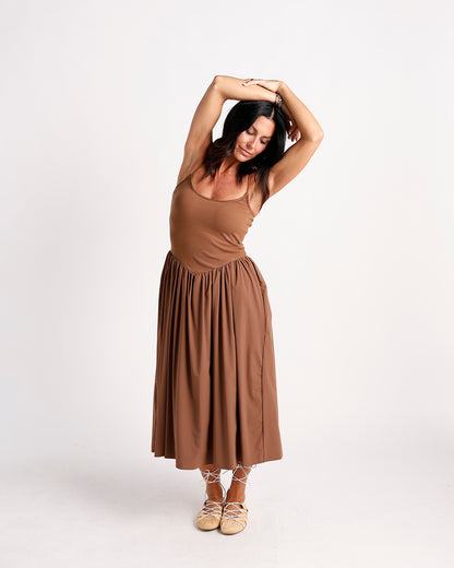Brown drop waist midi dress with gathered skirt and spaghetti straps