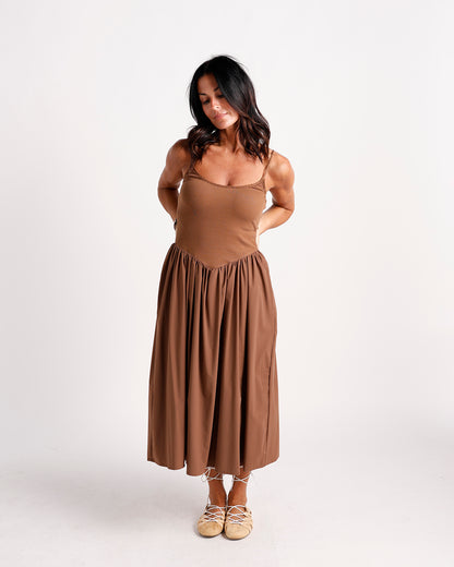 brown drop waist midi dress with ribbed bodice and adjustable spaghetti straps