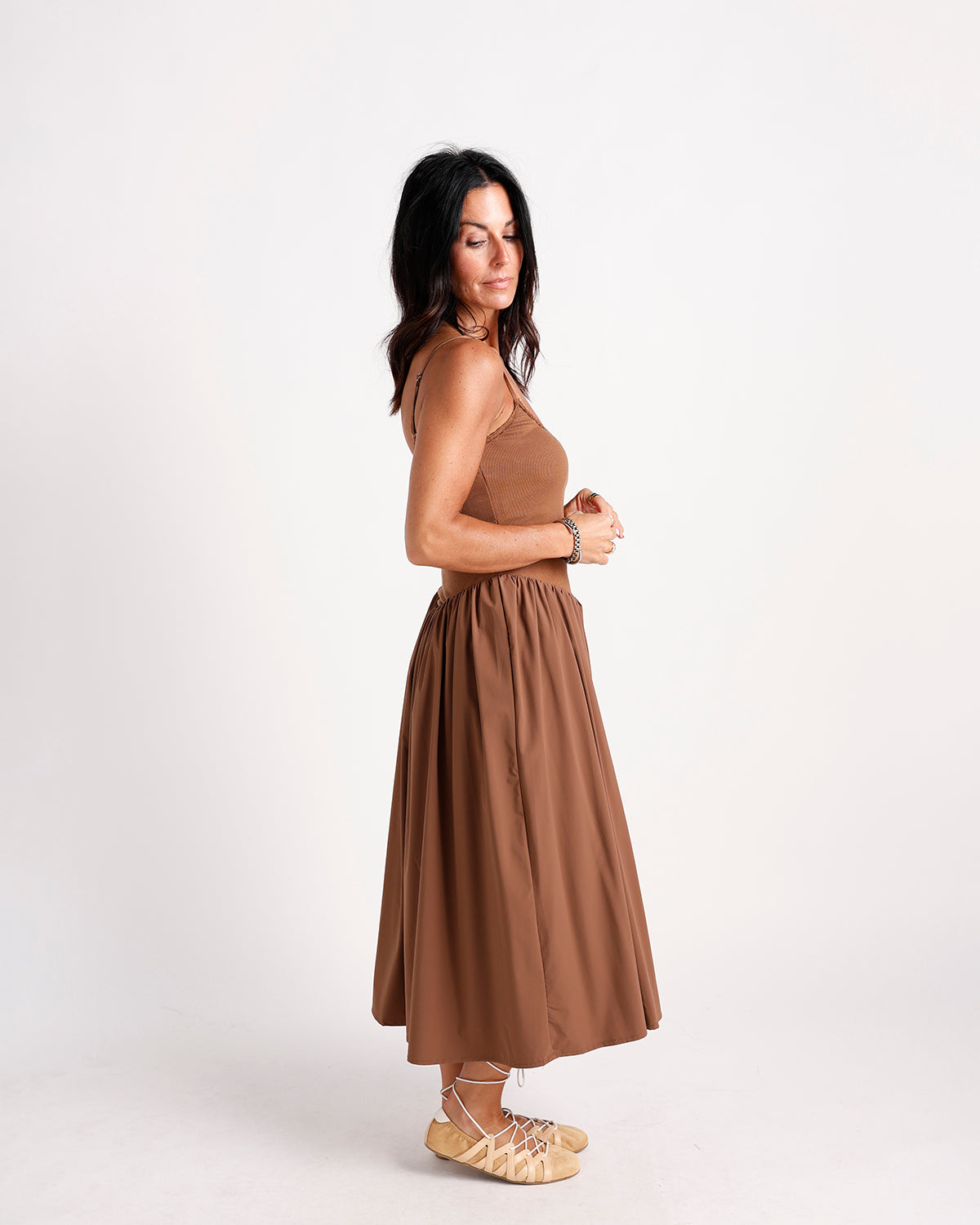 brown drop waist midi dress Strappy Structured Drop-Waist Midi Dress