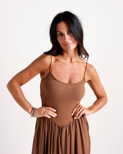Brown ribbed drop waist midi dress with lace trim and flowy skirt