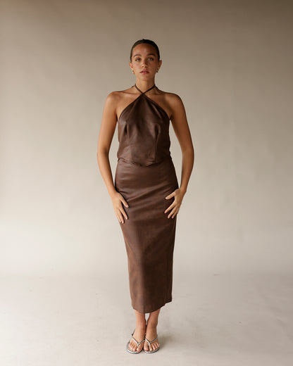 NIA PENROSE LEATHER HALTER TOP