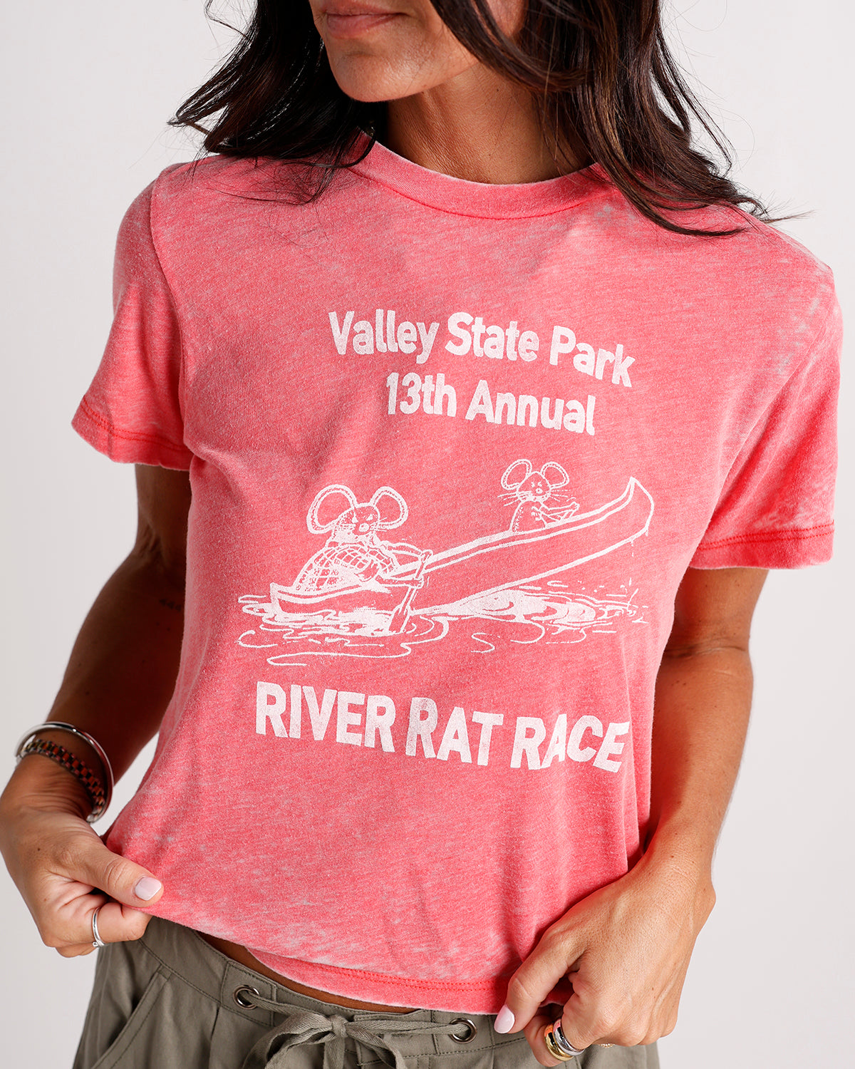add a touch of vintage charm to your wardrobe with this faded red graphic tee featuring a playful river rat race canoe graphic, soft worn-in feel, and relaxed fit. perfect for casual days, road trips, weekend adventures, and effortless everyday style.