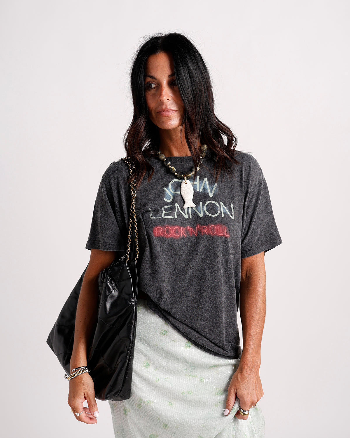 Washed charcoal graphic band tee with Rock N Roll print, worn oversized