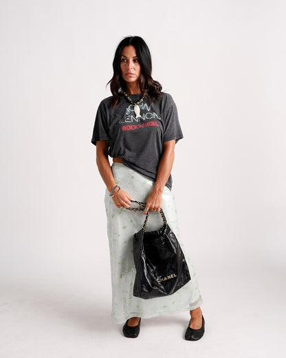 Charcoal gray graphic band tee with faded rock print, short sleeves, relaxed fit