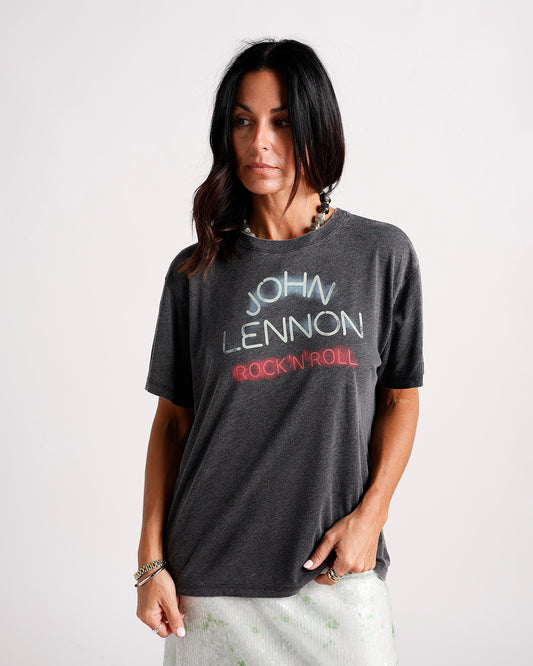 Women's washed charcoal graphic tee with John Lennon Rock N Roll print