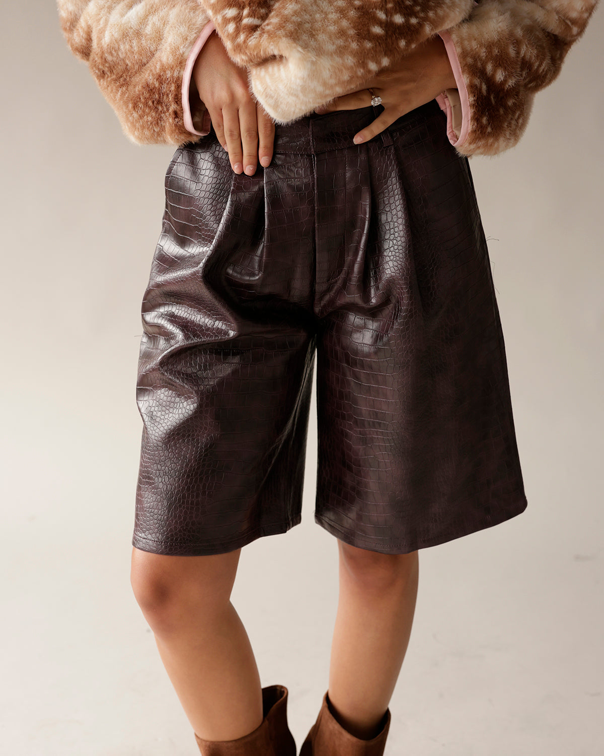 Bermuda shorts, leather shorts, shorts for fall, crocodile leather, chocolate leather shorts, alligator print
