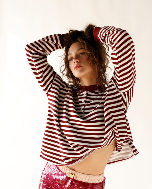 HIP ALL DAY STRIPED HENLEY LONG SLEEVE TOP