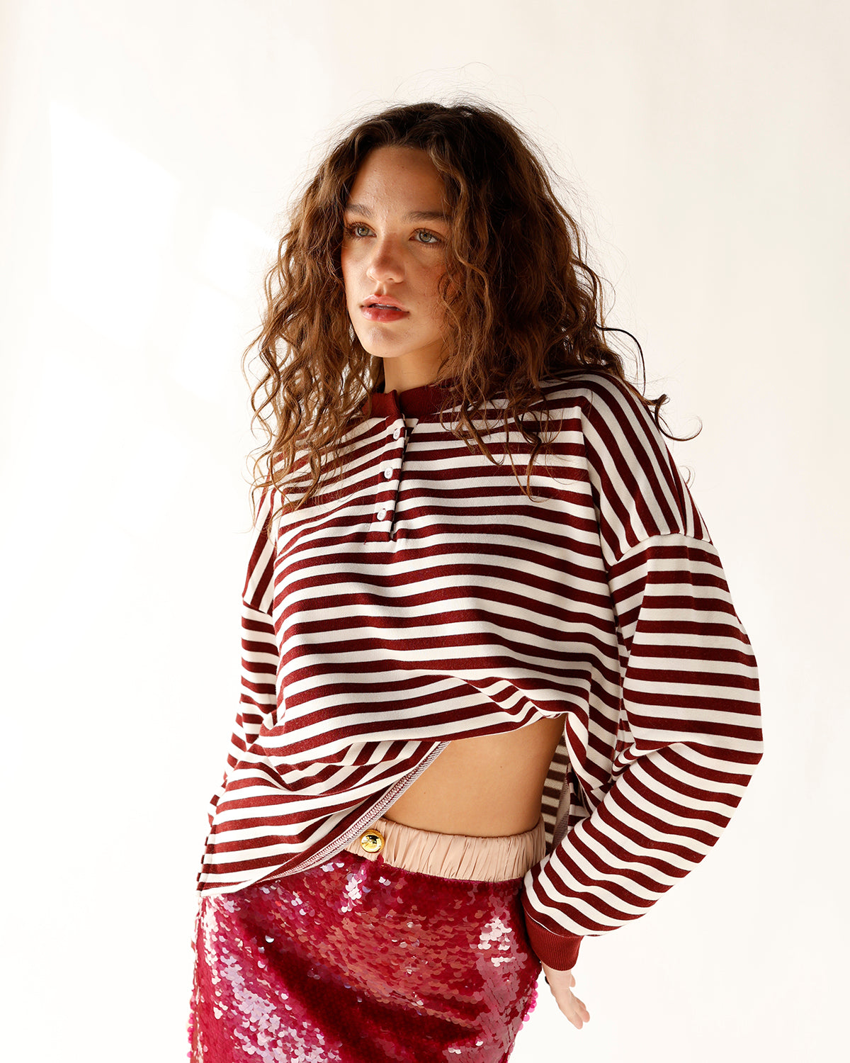 HIP ALL DAY STRIPED HENLEY LONG SLEEVE TOP