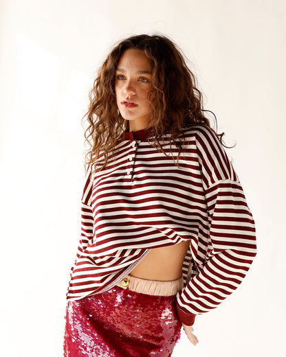 HIP ALL DAY STRIPED HENLEY LONG SLEEVE TOP