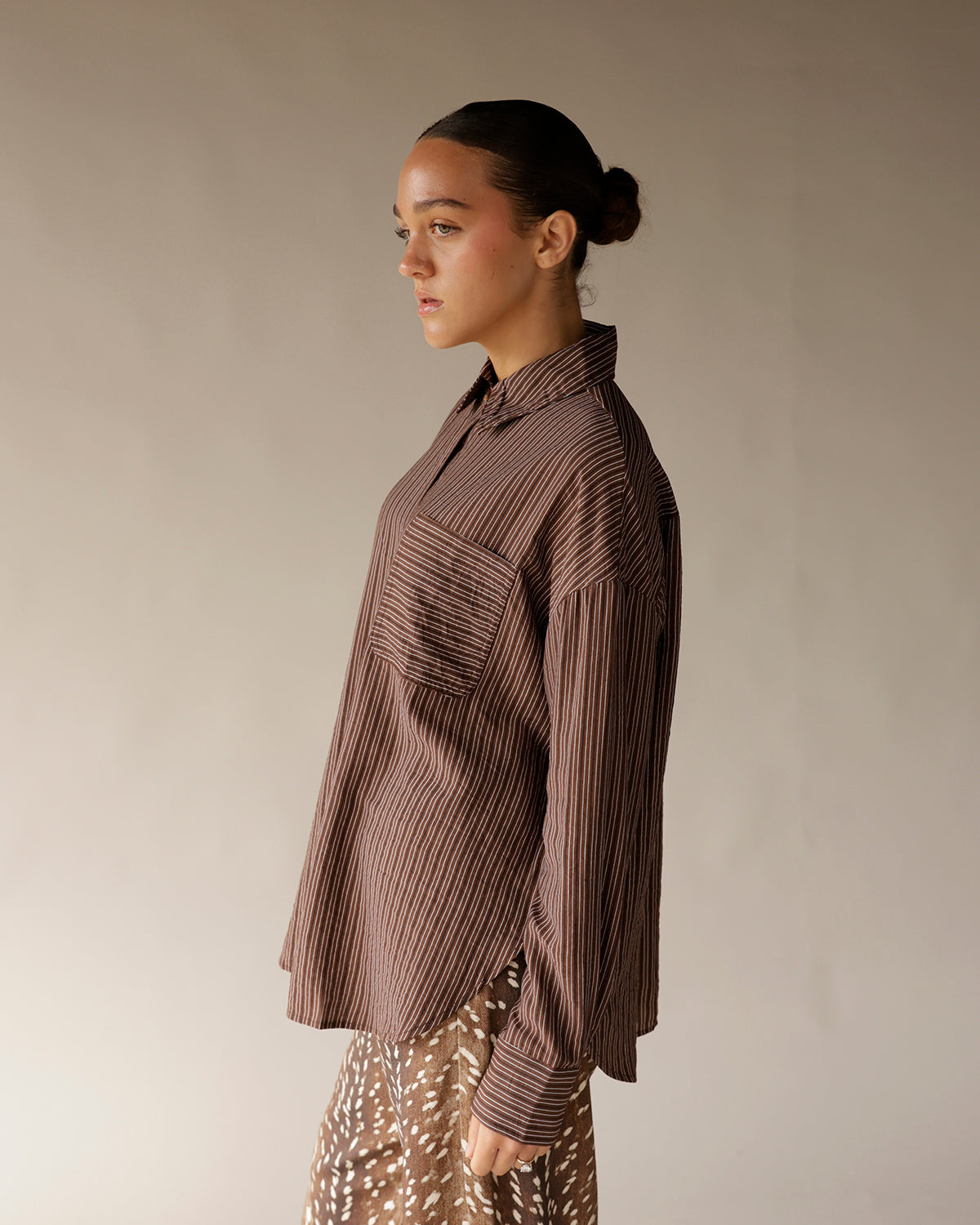 DOWN TO BUSINESS BROWN PLAID BUTTON UP