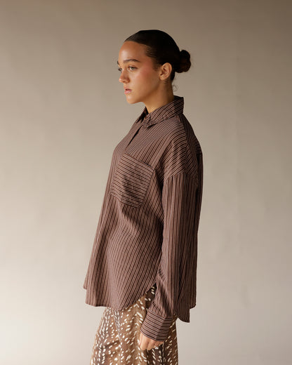 DOWN TO BUSINESS BROWN PLAID BUTTON UP
